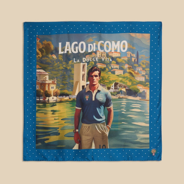 Printed Silk Foulard with Soccer Player and Como in Back